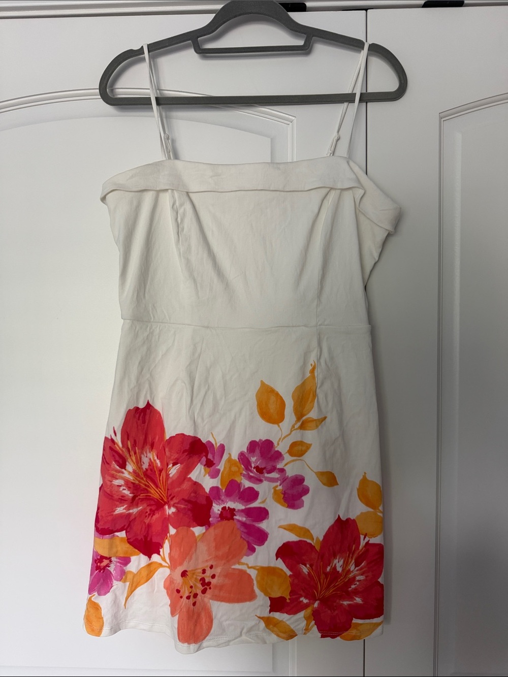 Trixxi Cream Strapless Dress with Pink & Orange Floral Hem